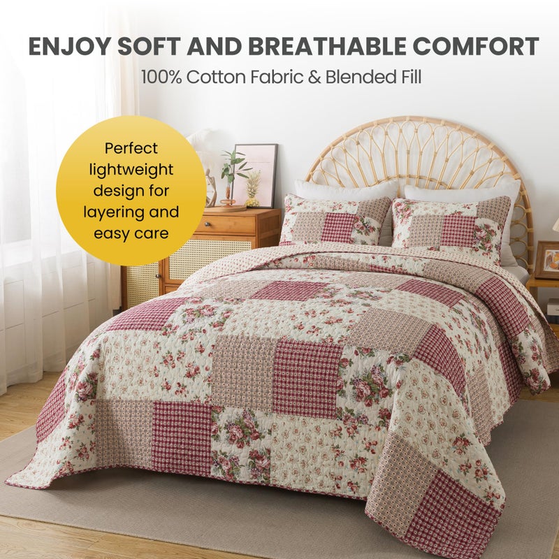SLPR Country Roses Patchwork Cotton Pieced Quilt Set - King Size with 2 Shams, French Country Style Floral Bedding, Red Rose Farmhouse Quilted Bedspread with Flower Pattern - Image 3